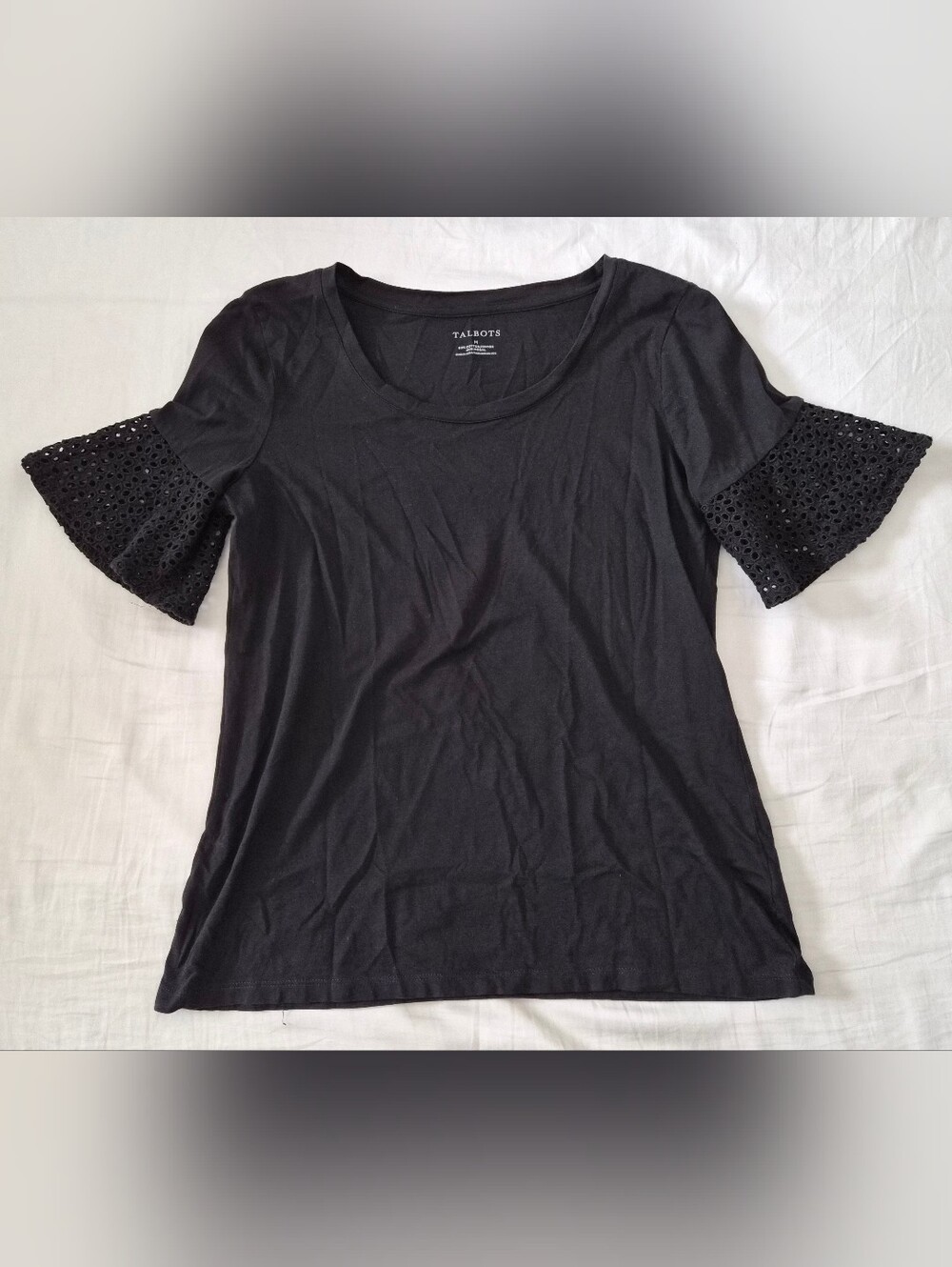 Talbots Black Scoop Neck Tee with Eyelet Bell Sleeves